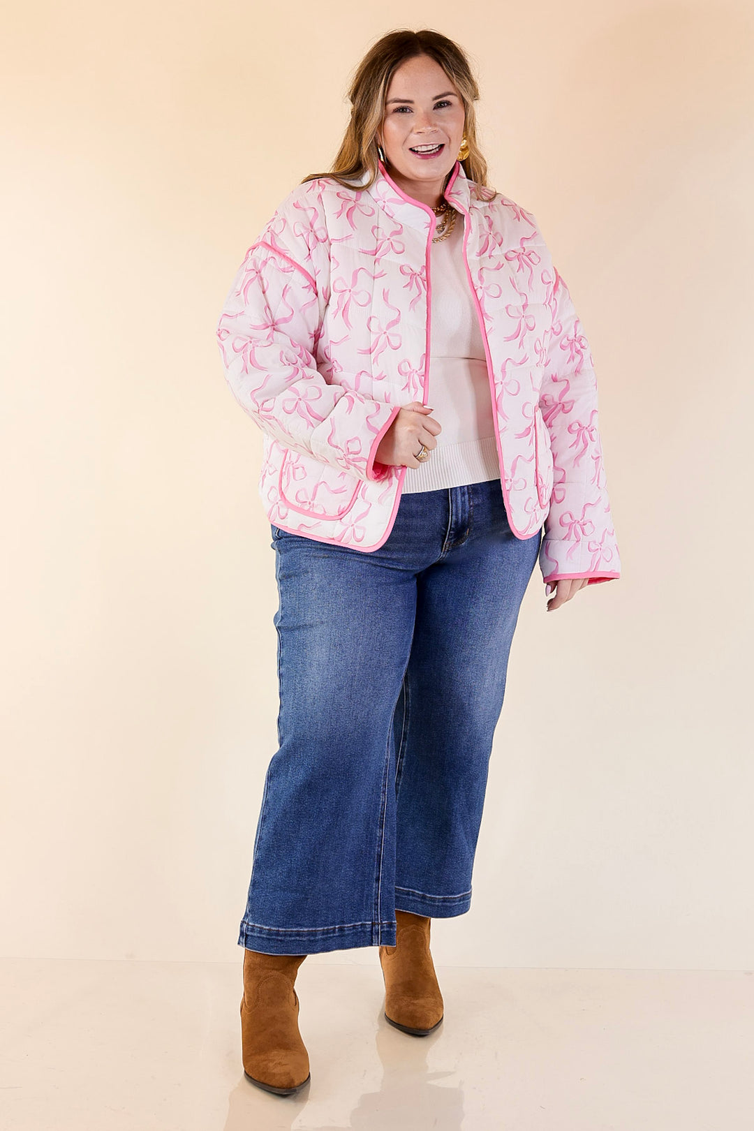 Mud Pie | Cher Quilted Jacket with Pink Bow Print and Pink Piping and Pockets in Off White