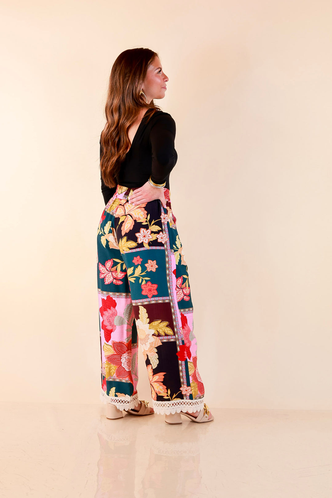 Patchwork Flair Floral Patchwork Print Wide Leg Pants with Lace Trim in Pink Mix