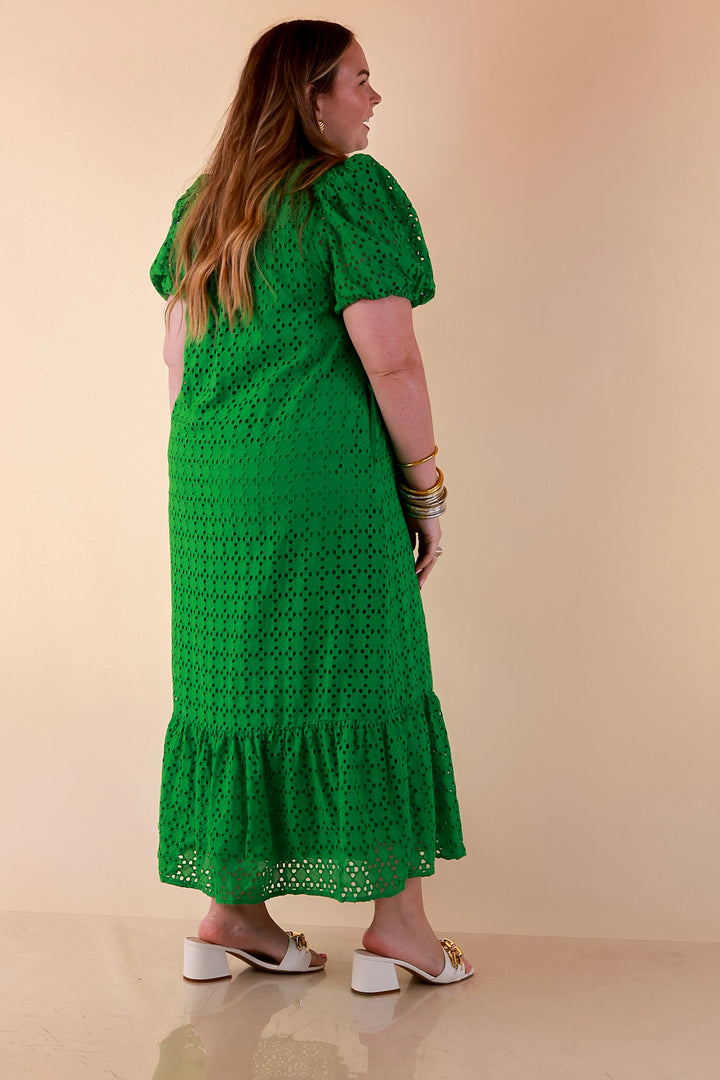 Meet Me at Sunset Eyelet Lace Puff Sleeve Tiered Maxi Dress in Kelly Green