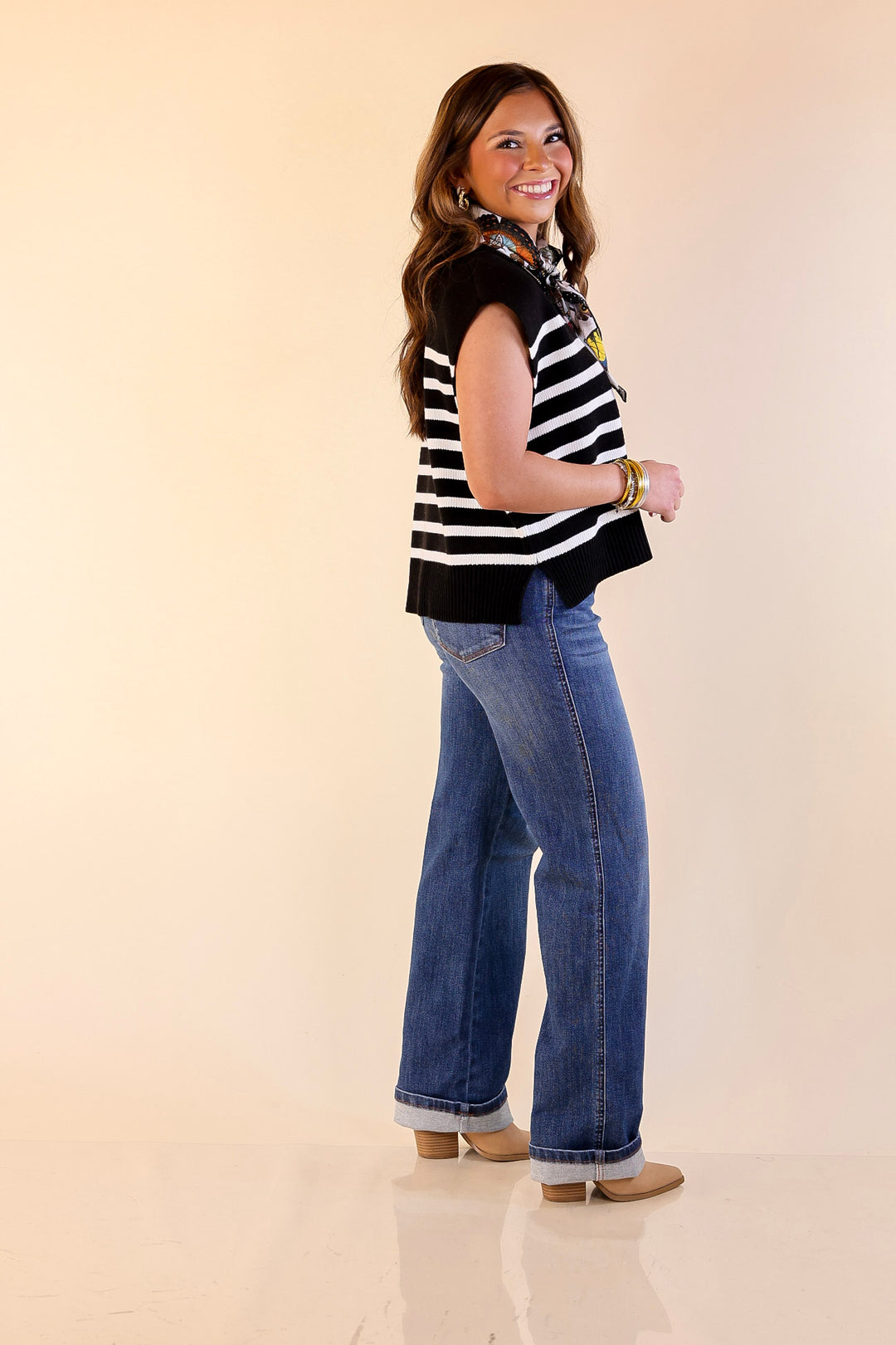 Stripe Things Up Drop Shoulder Knit Sweater in Black with Ivory Stripes