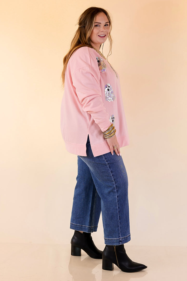 Mud Pie | Too Cute to Spook Crew Neck Sweatshirt with Side Slits and Sequin Ghosts in Pink