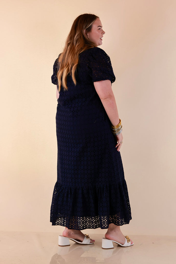 Meet Me at Sunset Eyelet Lace Puff Sleeve Tiered Maxi Dress in Navy Blue