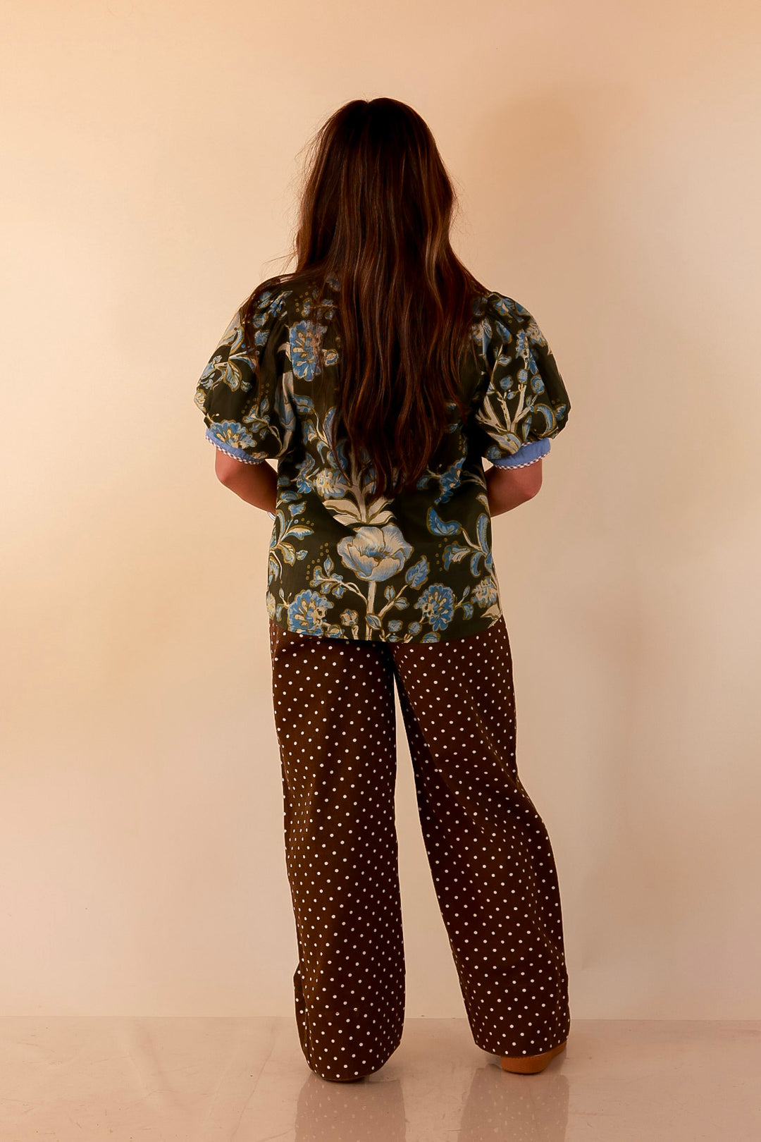 Pop of Polish Short Puff Sleeve Button Front Floral Top with Contrast Trim in Olive Green and Blue