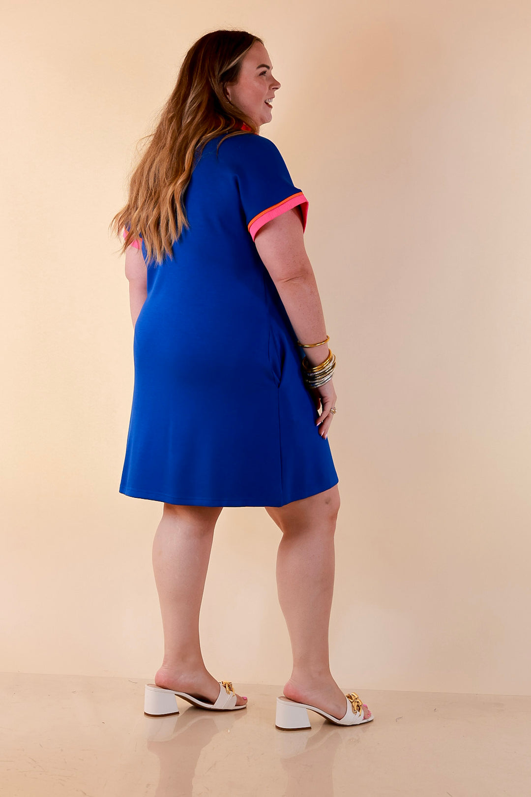 Color Me Confident Pink and Orange Contrast Trim Collared Shift Dress in Royal Blue