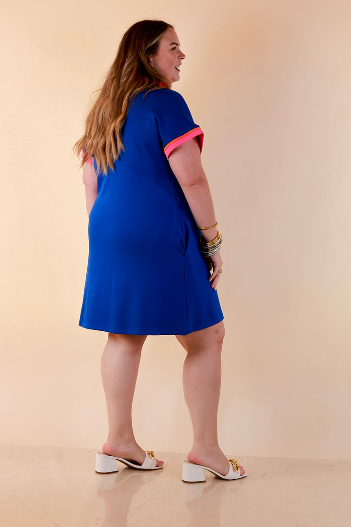 Color Me Confident Pink and Orange Contrast Trim Collared Shift Dress in Royal Blue