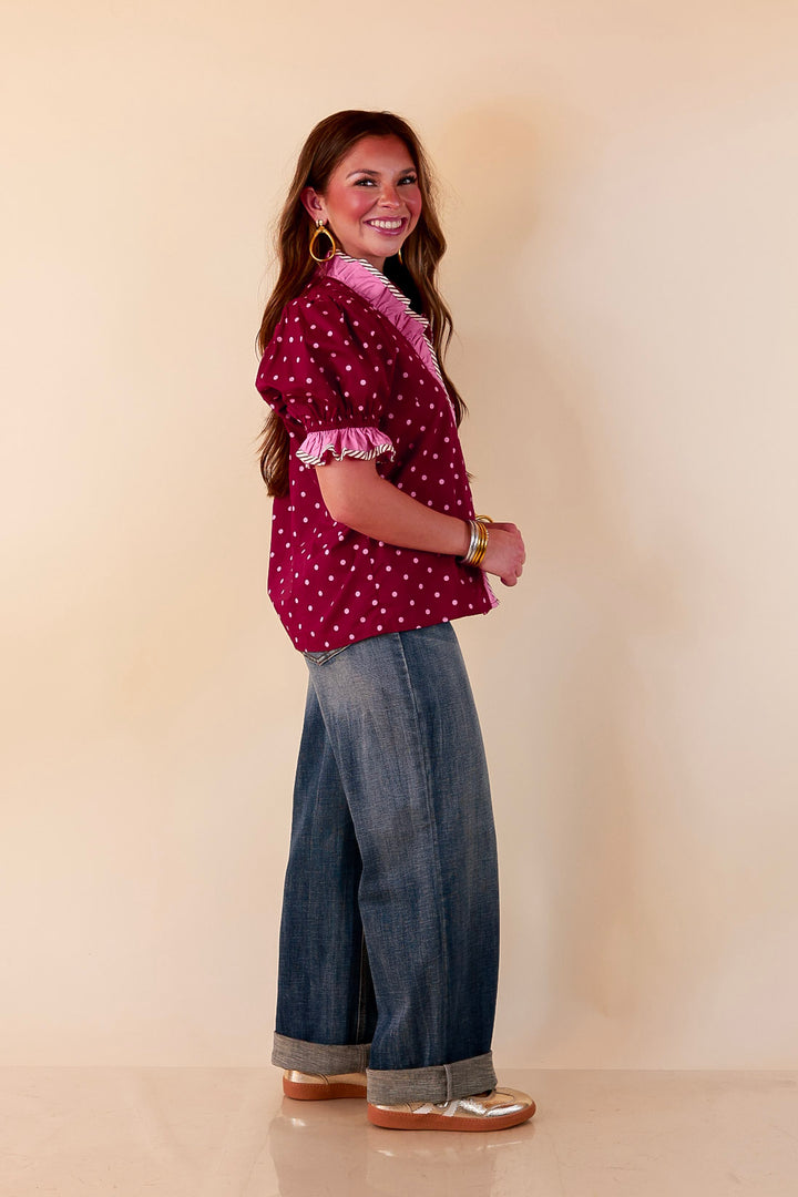 Endless Elegance Ruffled V Neck Polka Dot Print Top in Maroon and Pink