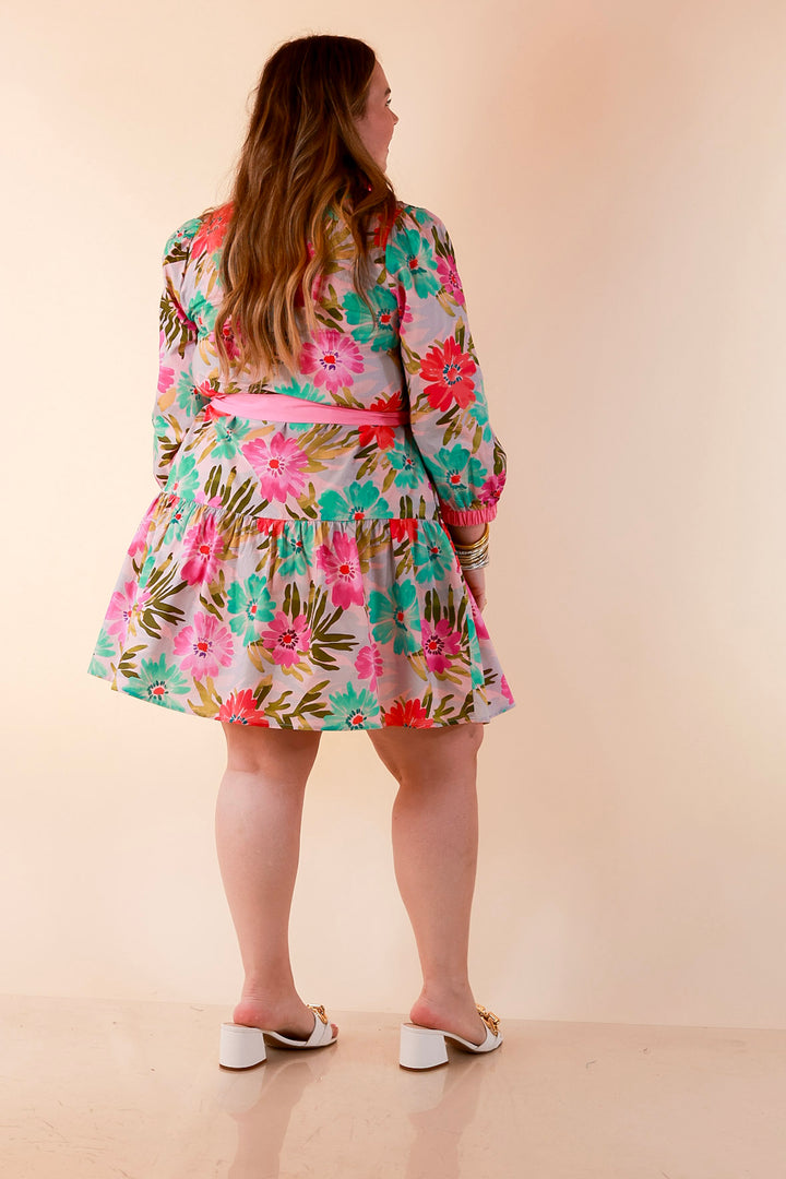 Petals and Promises Floral Print Ruffle Collar Tie Waist Tiered Dress in Pink and Mint
