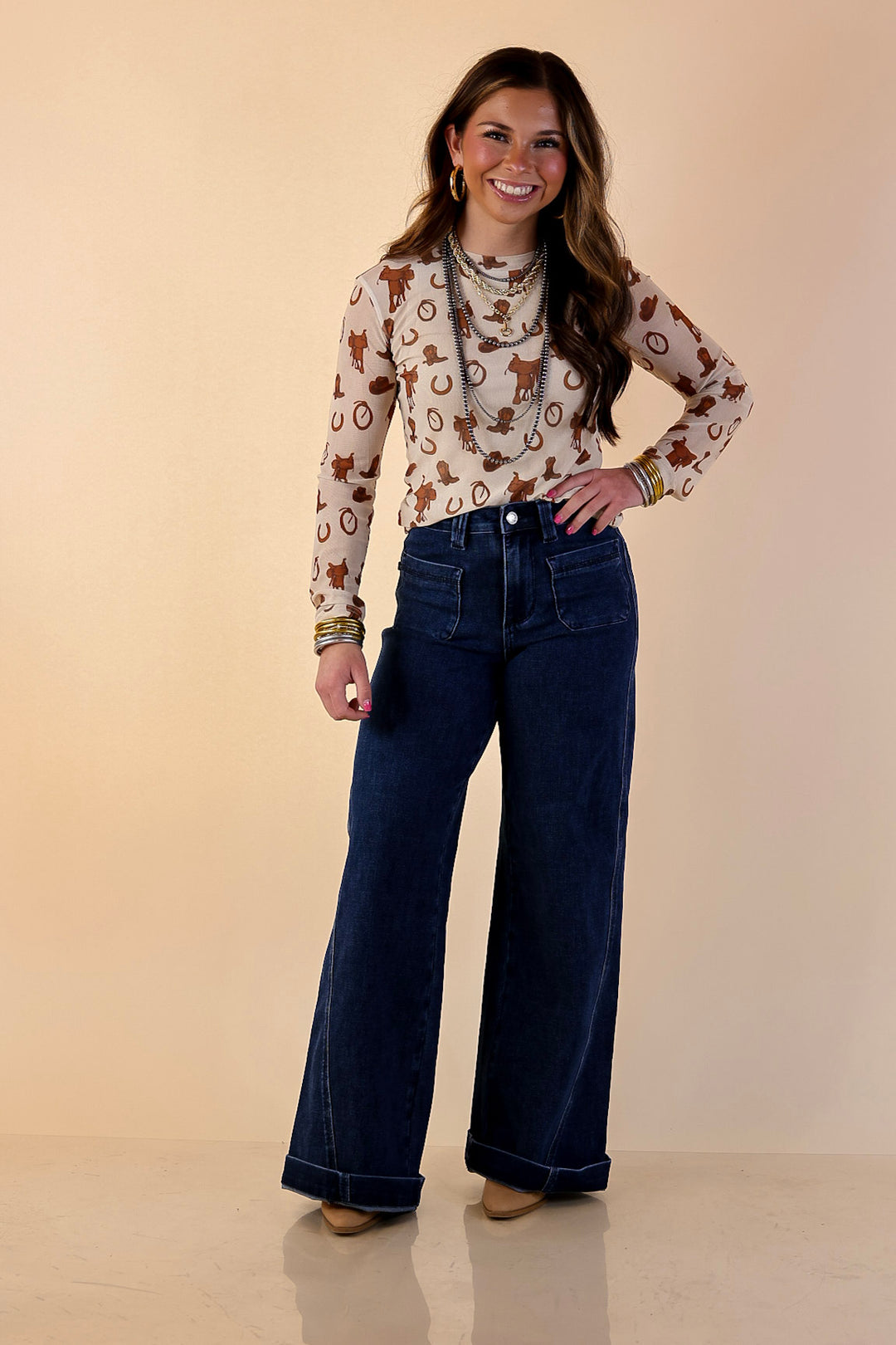 The Perfect Layer Western Icons Print Mesh Long Sleeve Top in Cream and Brown