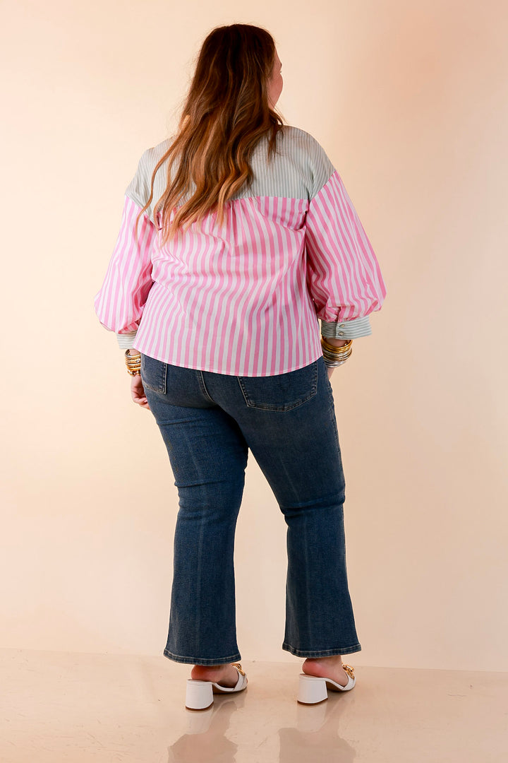 Lovely Impression Colorblock Stripe Button Front Top with Balloon Sleeves in Pink, Yellow and Green