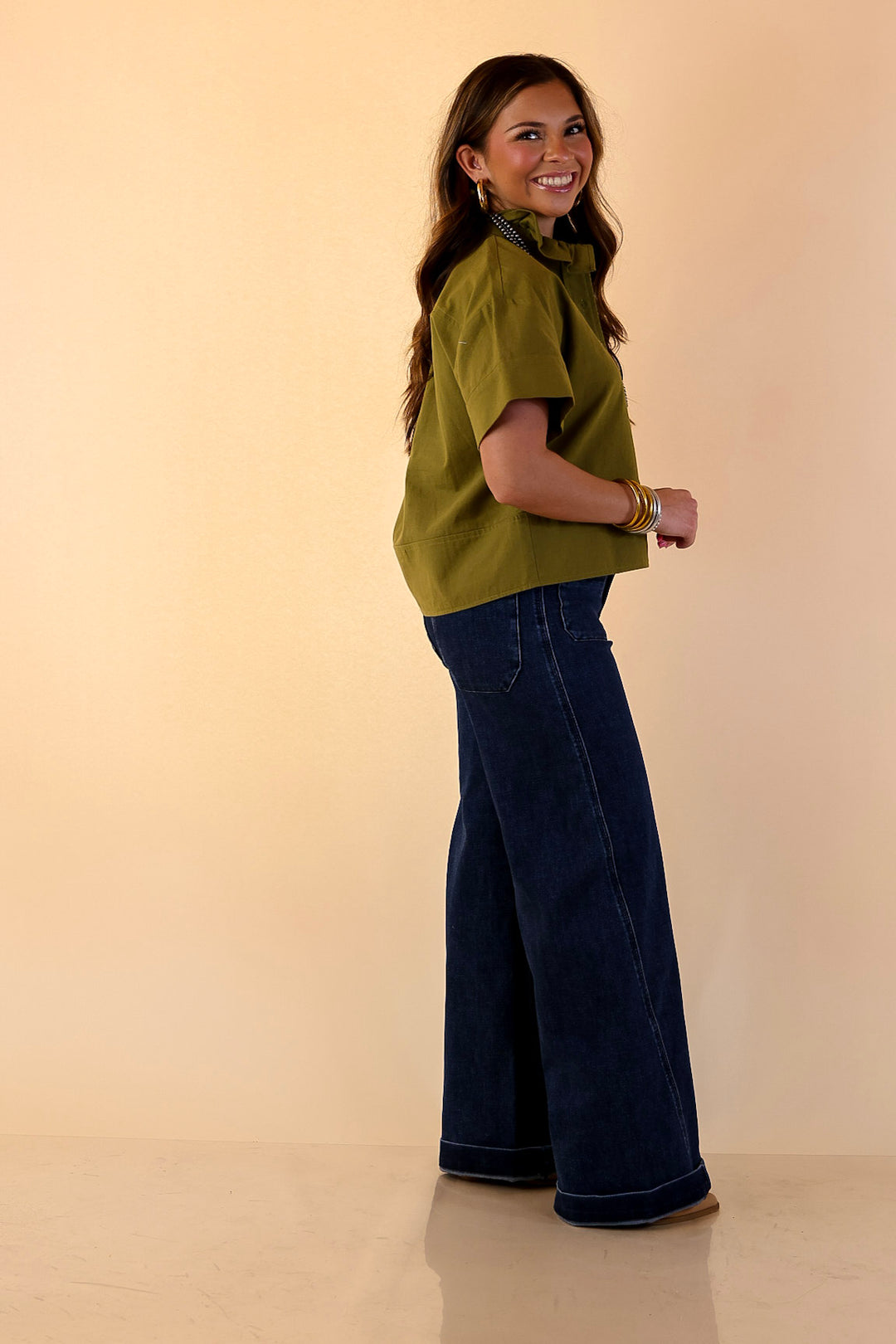 Casual Composure Button Front Short Sleeve Linen Top in Olive Green