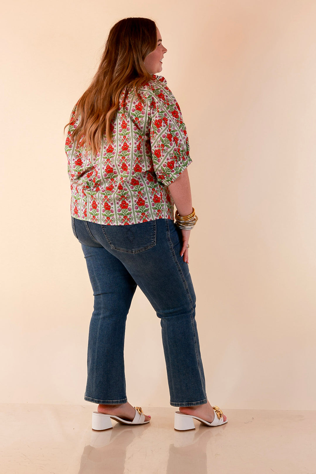 Charming Details Floral Print Button Front Dolman Top with Ruffle Collar in Ivory