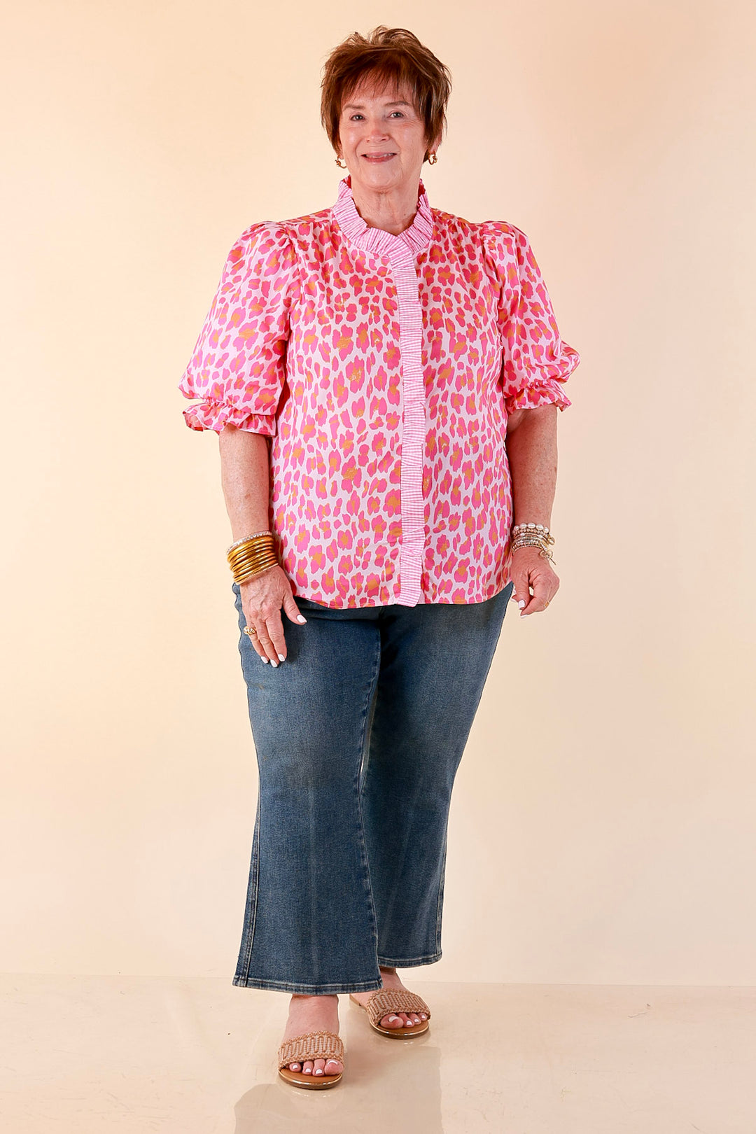 Catch the Compliments Puff Sleeve Ruffle Trim Leopard Print Statement Top in Pink and Orange