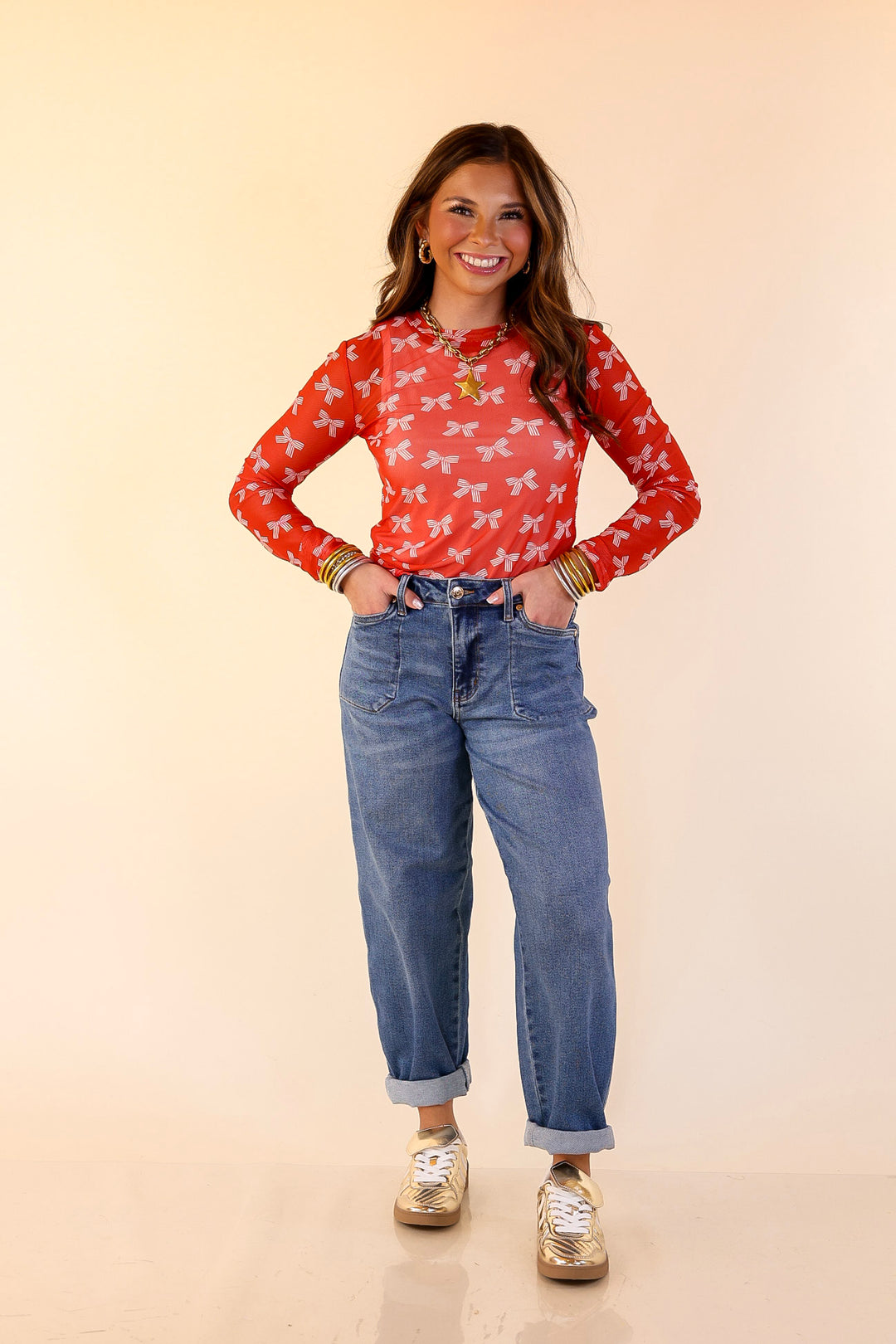 The Perfect Layer Bow Print Mesh Long Sleeve Top in Red and Ivory