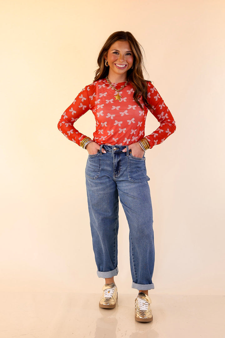 The Perfect Layer Bow Print Mesh Long Sleeve Top in Red and Ivory