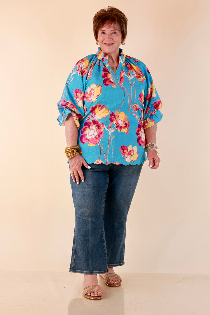 Petal Perfect Floral Print Textured Puff Sleeve Top with Ruffle Split Neckline in Aqua Mix