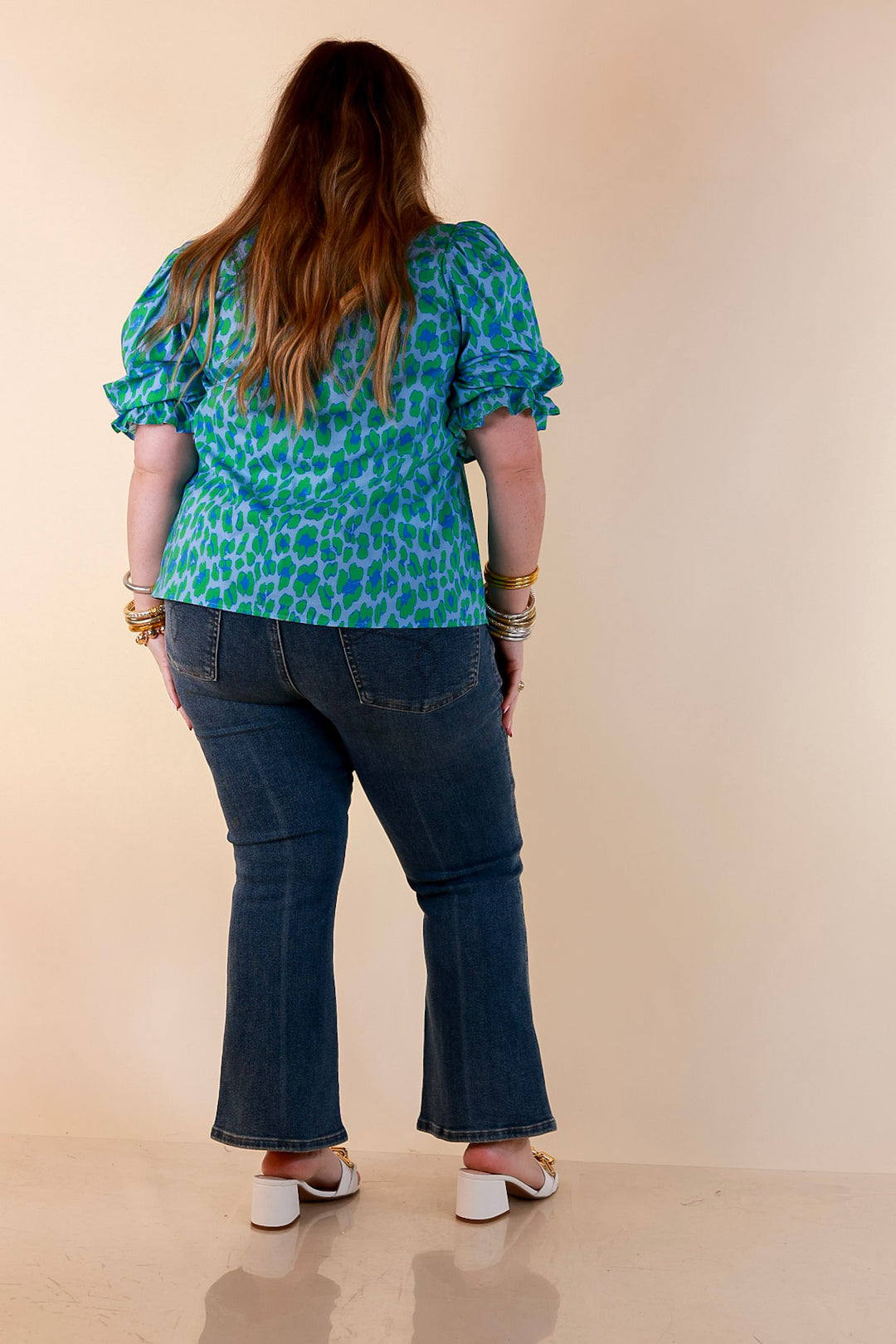 Catch the Compliments Puff Sleeve Ruffle Trim Leopard Print Statement Top in Green and Blue