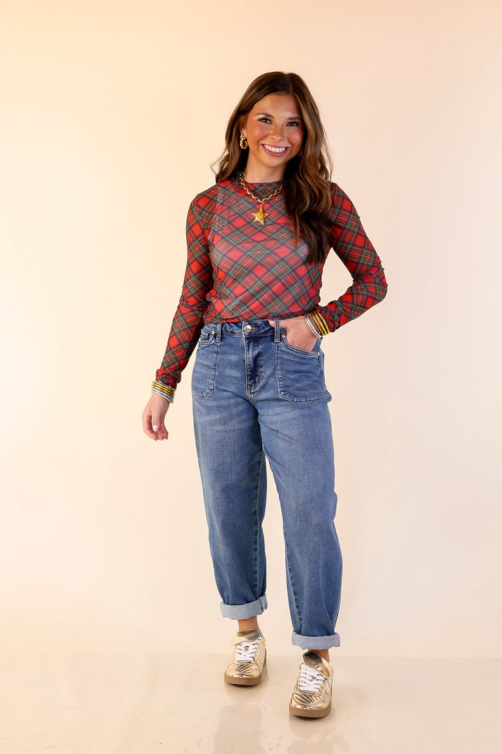 The Perfect Layer Tartan Plaid Print Mesh Long Sleeve Top in Red