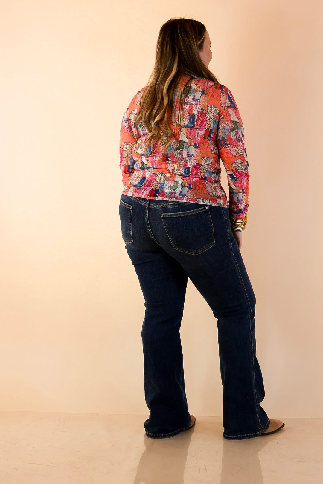 The Perfect Layer Western Boot Print Mesh Long Sleeve Top in Pink Multicolor