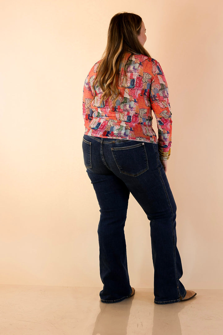 The Perfect Layer Western Boot Print Mesh Long Sleeve Top in Pink Multicolor