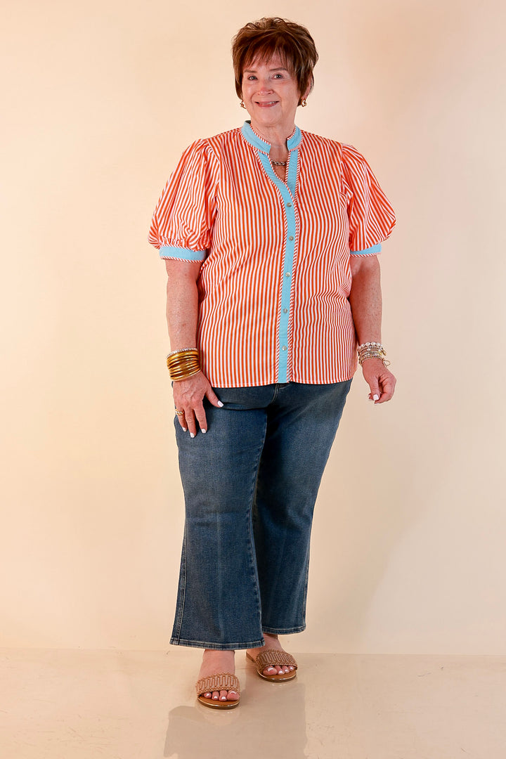 Pop of Polish Short Puff Sleeve Button Front Top with Contrast Trim in Orange, White and Sky Blue