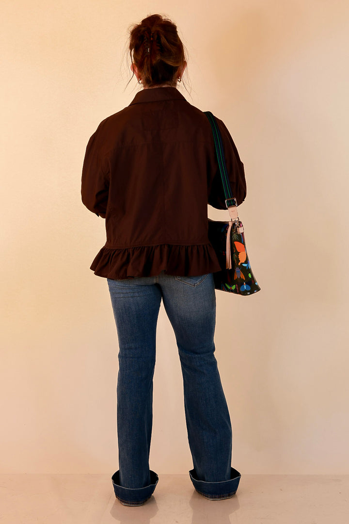 Style Agenda Solid Button Down Peplum Top in Deep Chocolate Brown