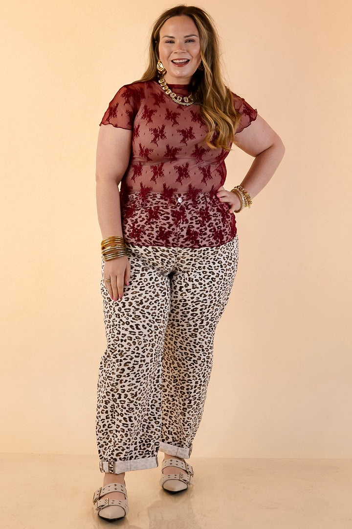 Lovely in Lace Sheer Mock Neck Short Sleeve Top in Maroon