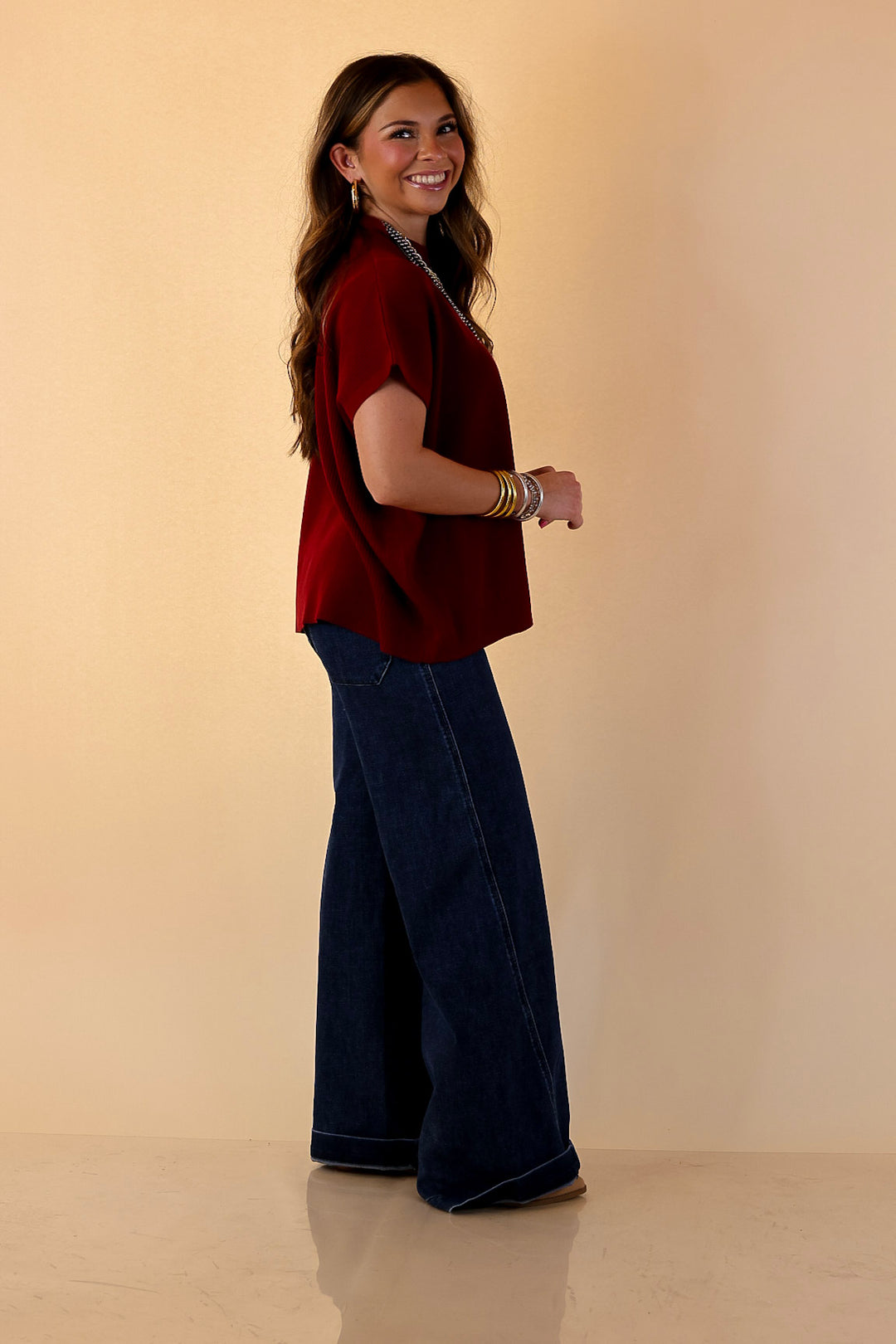 Always in Style Short Sleeve Mock Neck Top in Maroon