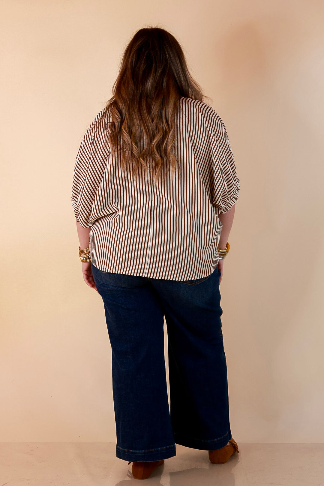 Naturally Stylish Stripe Top with Contrast Stripe Trim and Short Dolman Sleeves in Camel Brown