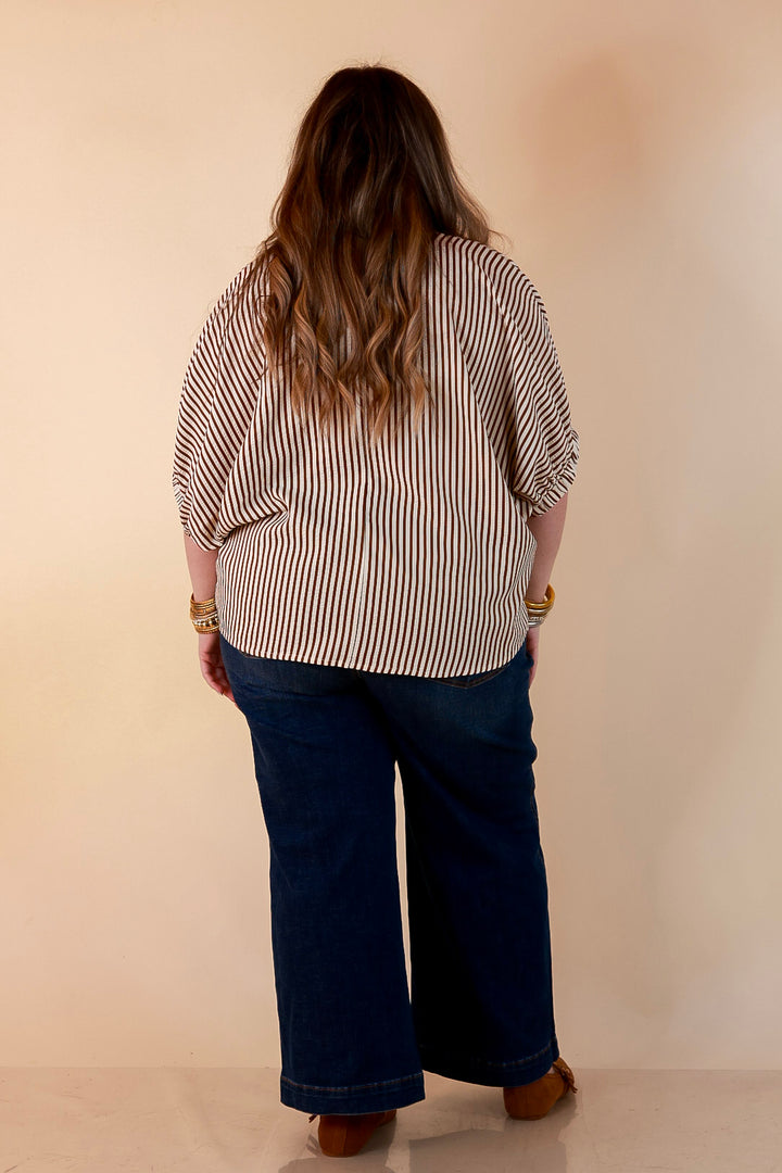 Naturally Stylish Stripe Top with Contrast Stripe Trim and Short Dolman Sleeves in Camel Brown