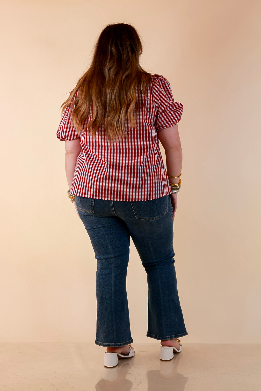 Polished &amp; Playful Short Puff Sleeve Gingham Top with Contrast Blue Trim in Red and White