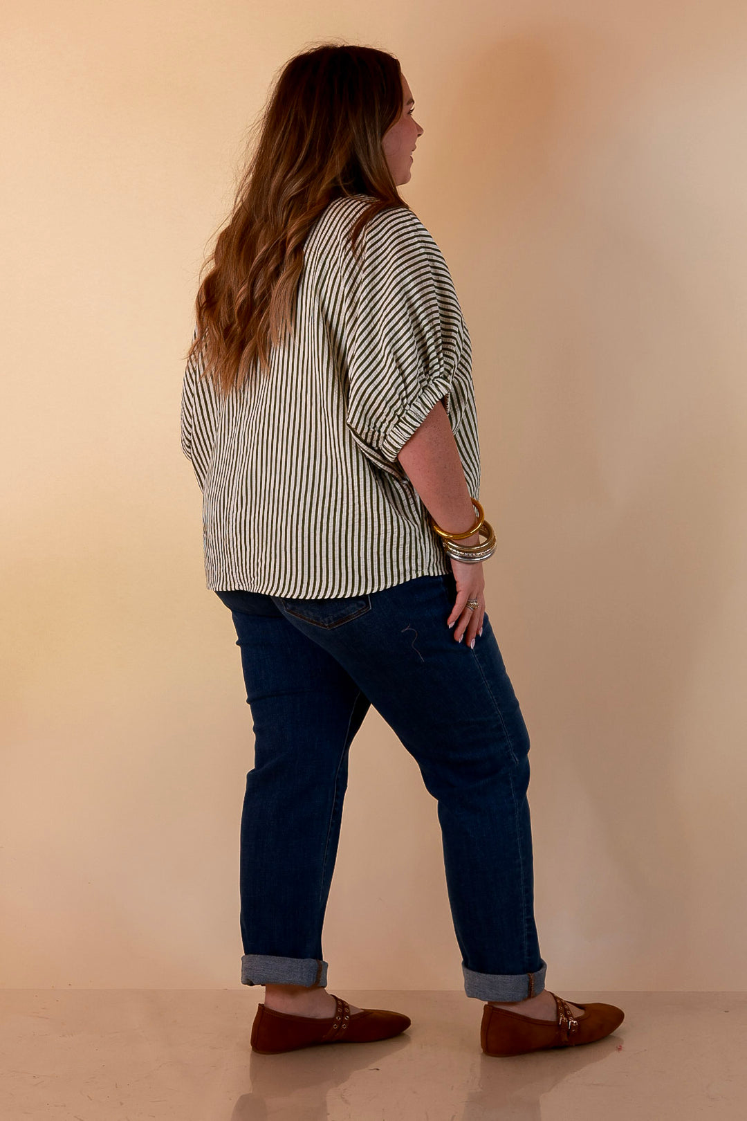 Naturally Stylish Stripe Top with Contrast Stripe Trim and Short Dolman Sleeves in Olive Green