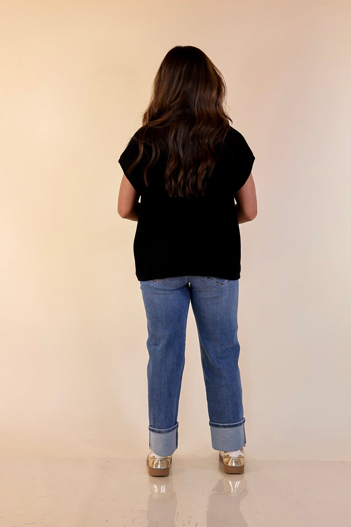 Repeat Ready Cap Sleeve Sweater with Front Pocket in Black