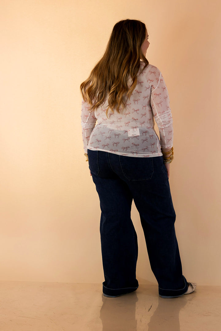 The Perfect Layer Coquette Pink Bow Print Mesh Long Sleeve Top in Ivory