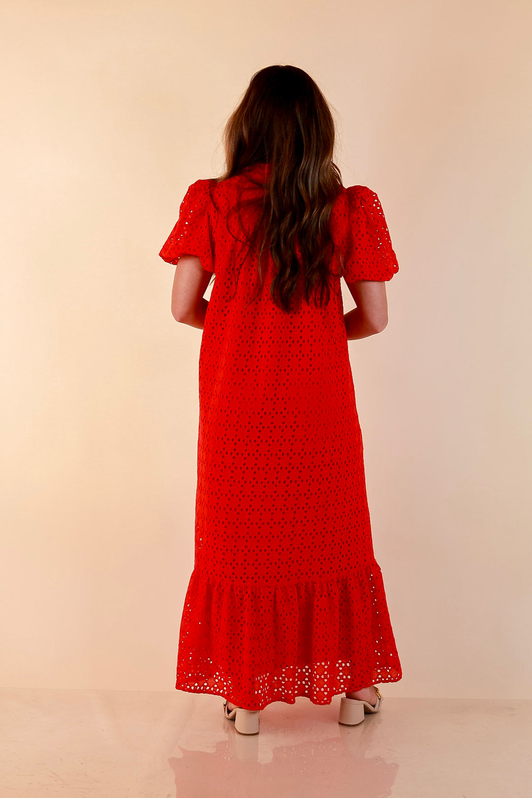 Meet Me at Sunset Eyelet Lace Puff Sleeve Tiered Maxi Dress in Red