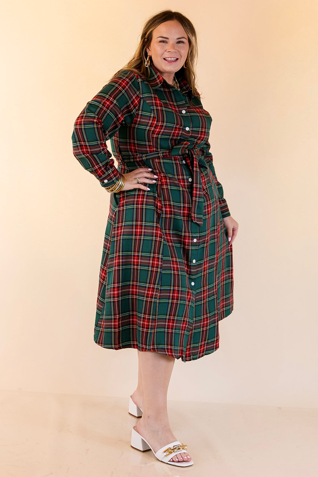 Plaid Button Down Midi Dress with Tie Waist in Green and Red S Plaid Button Down Midi Dress with Tie Waist in Green and Red S