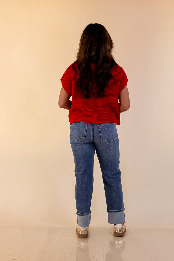 Repeat Worthy Cap Sleeve Cropped Sweater with Front Pocket in Red