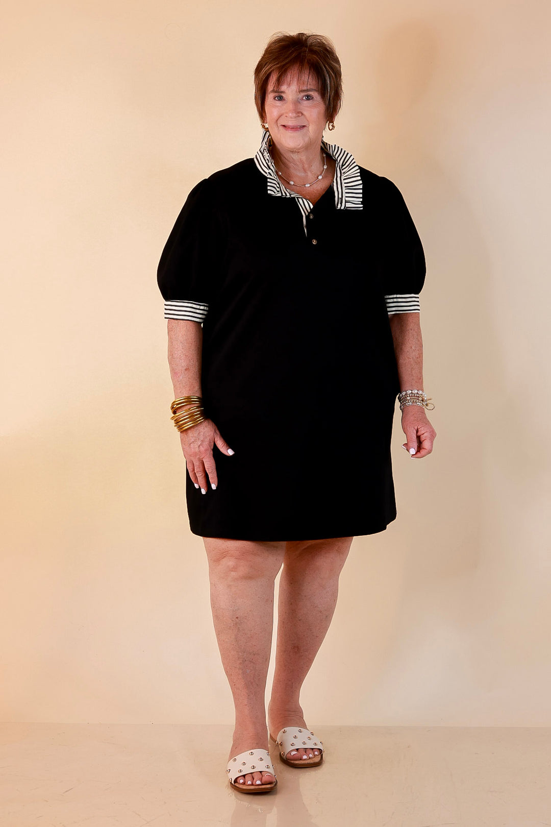 Refined Edge Short Puff Sleeve Dress with Ruffled Stripe Collar and Trim in Black
