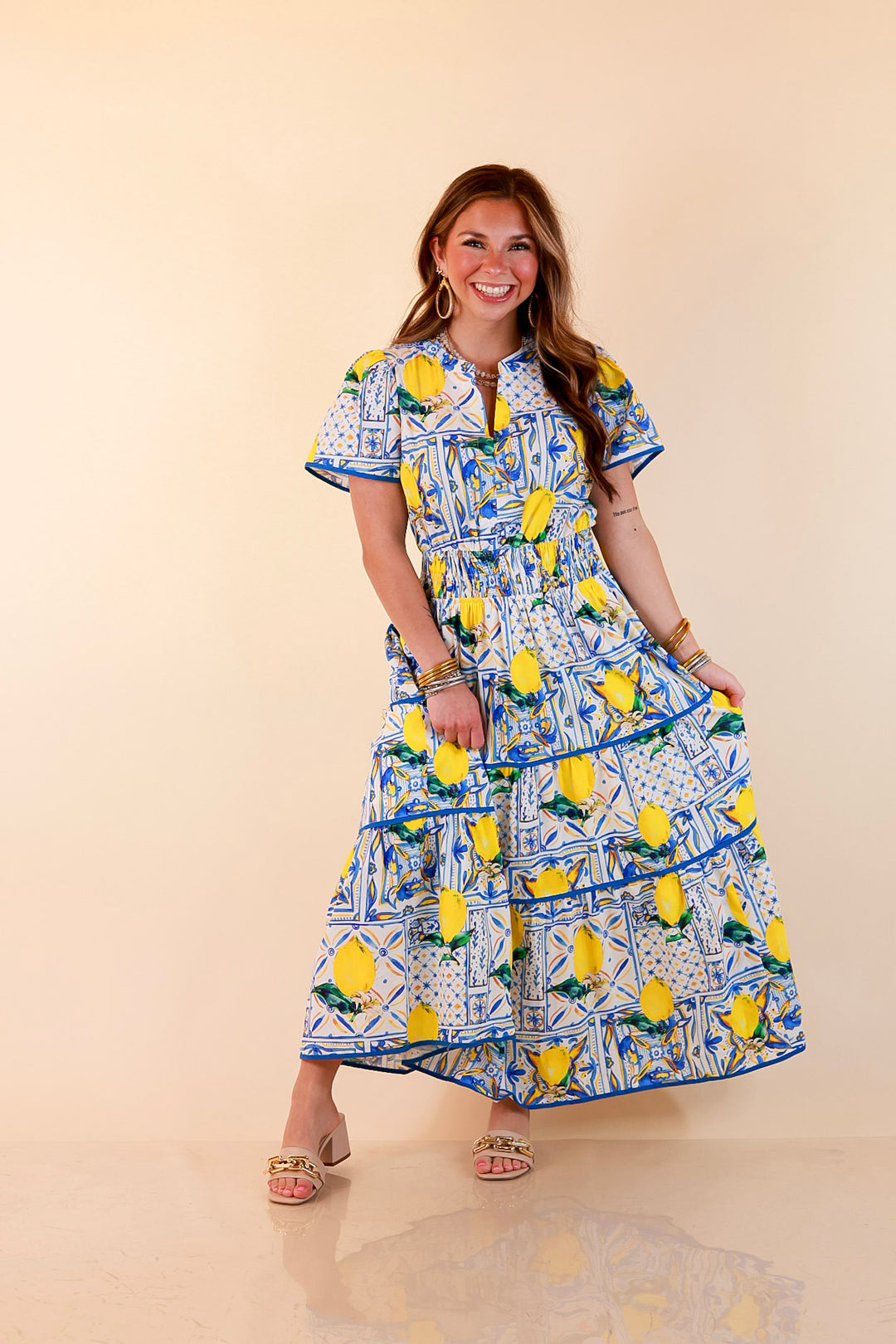 Villa Views Lemon and Tile Abstract Print Tiered Midi Dress in Blue and Yellow