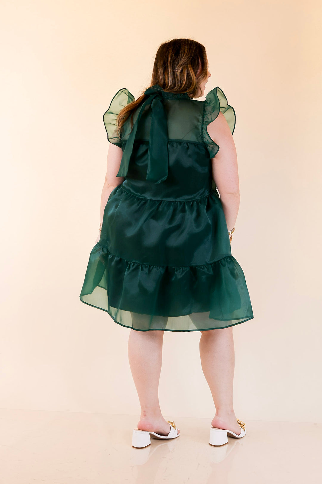Mud Pie | Jane High Neck Sheer Tulle Ruffle Tiered Dress in Forest Green