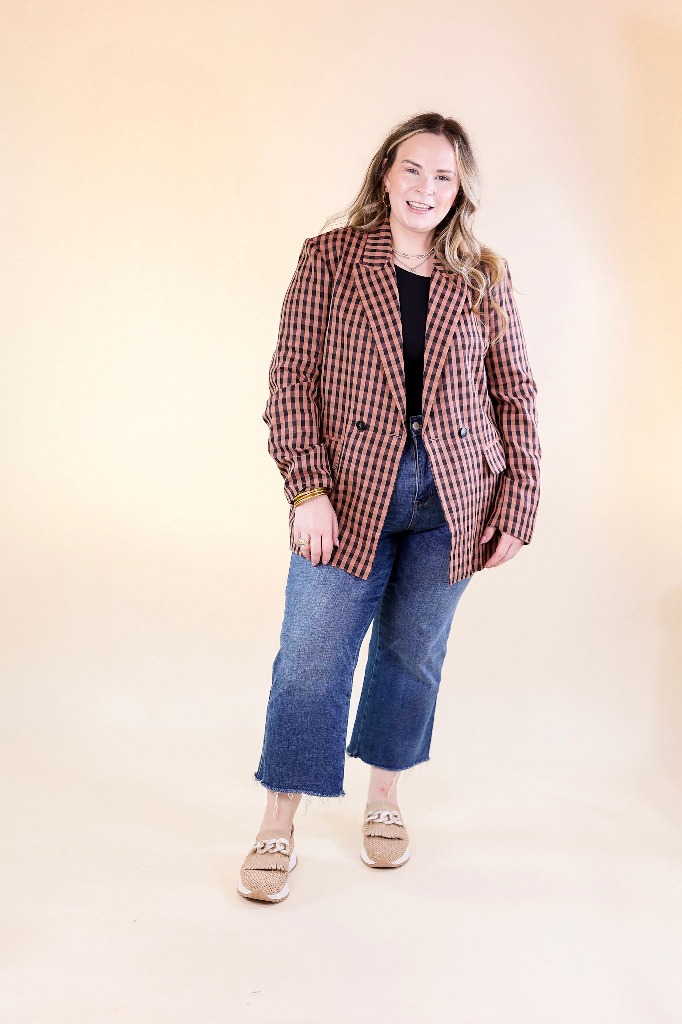 Coffee And Smiles Double Button Plaid Blazer with Long Sleeves in Terracotta Brown and Black