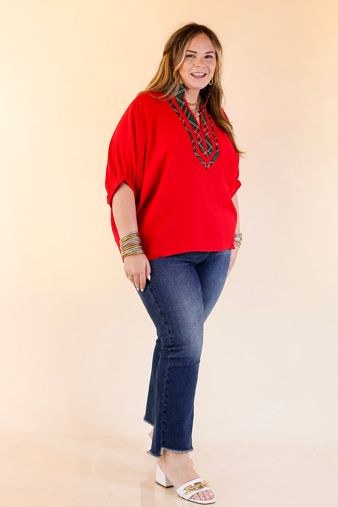 Naturally Stylish Poncho Top with Green Plaid Trim in Red