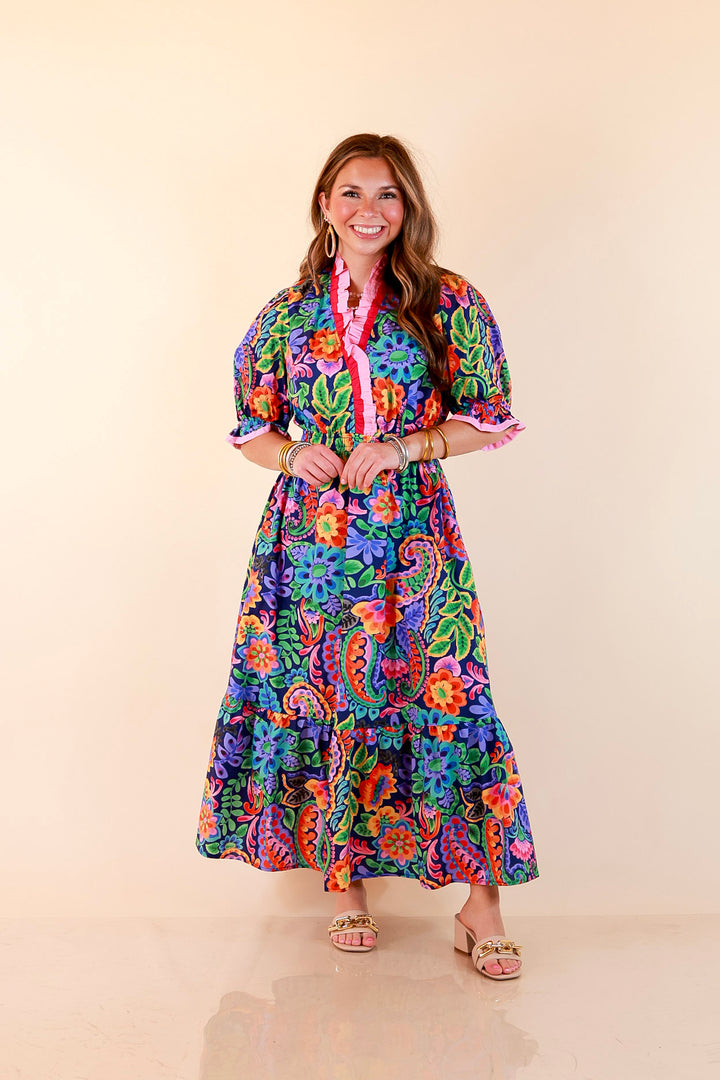Gracefully Yours Floral and Paisley Print Midi Dress with Contrast Ruffle Trim in Navy Blue