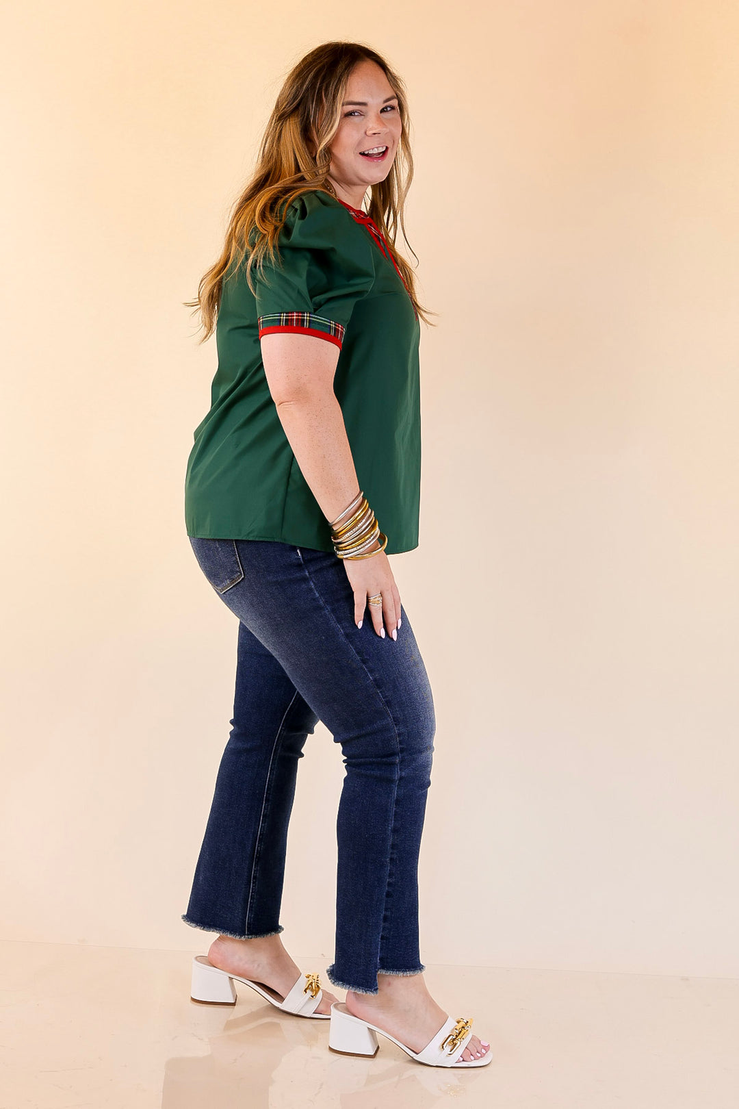 Commanding Style V Neck Top with Short Balloon Sleeves and Plaid Trim in Hunter Green