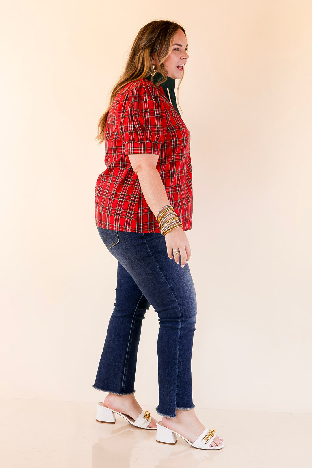Chic Statement V Neck Plaid Top with Short Balloon Sleeves and Green Trim in Red