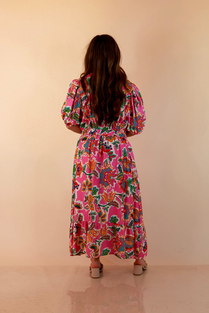 Color Me Happy Floral Print Midi Dress with Tie Neckline and Puff Sleeves in Pink