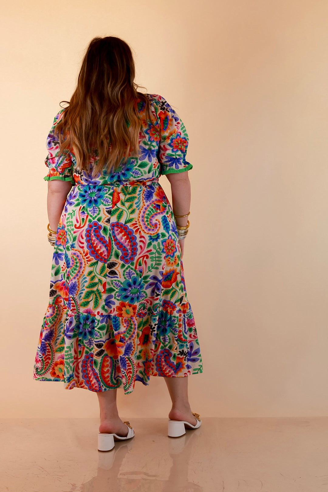 Gracefully Yours Floral and Paisley Print Midi Dress with Contrast Ruffle Trim in Ivory