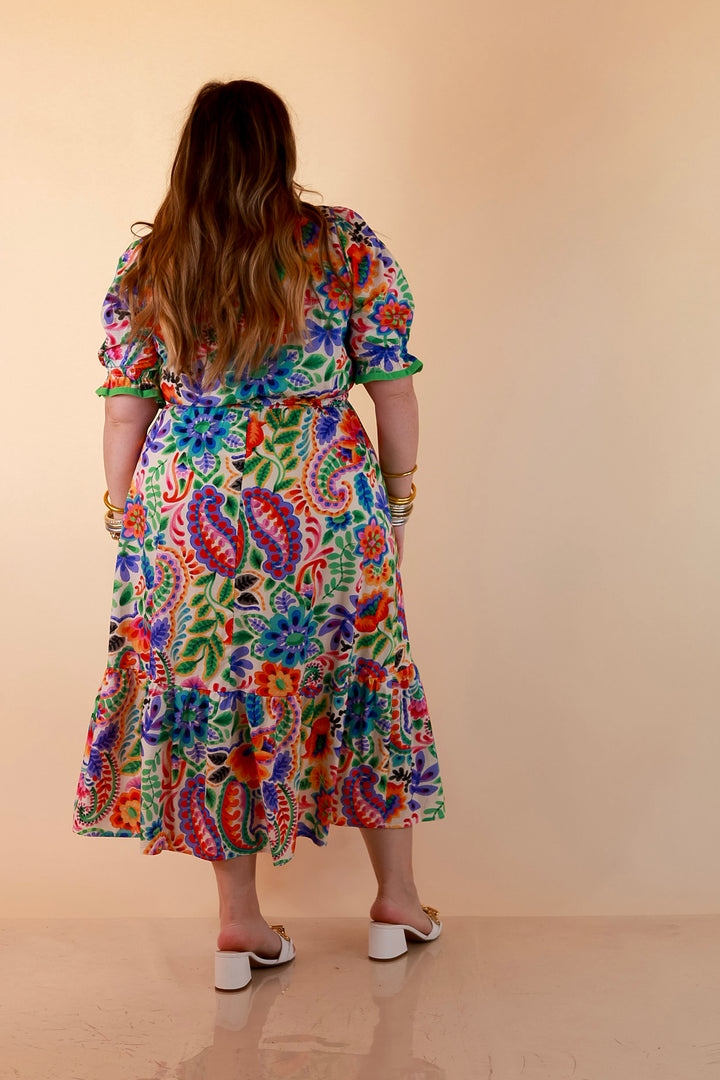 Gracefully Yours Floral and Paisley Print Midi Dress with Contrast Ruffle Trim in Ivory