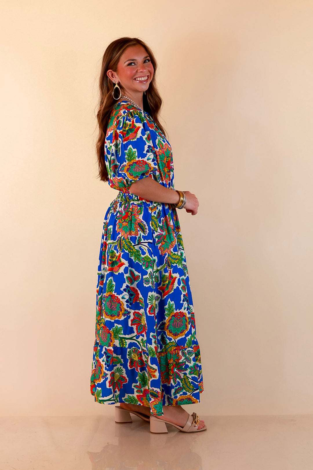 Color Me Happy Floral Print Midi Dress with Tie Neckline and Puff Sleeves in Royal Blue