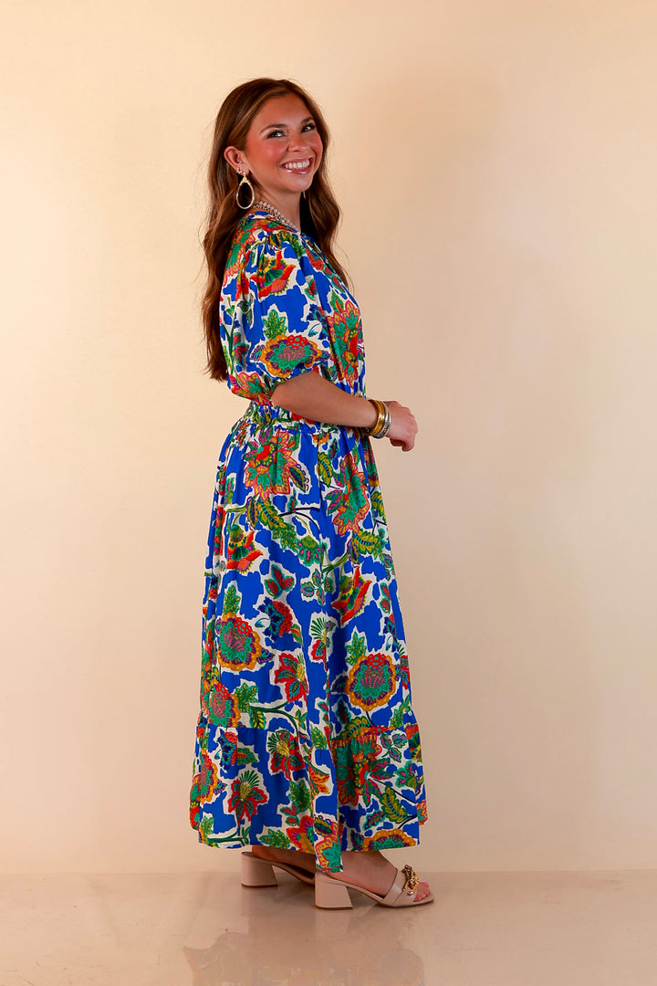 Color Me Happy Floral Print Midi Dress with Tie Neckline and Puff Sleeves in Royal Blue
