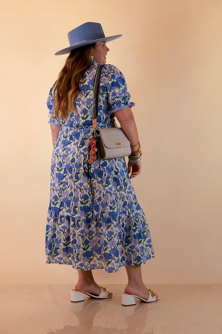 Gracefully Yours Floral Print Midi Dress with Contrast Ruffle Trim in Blue